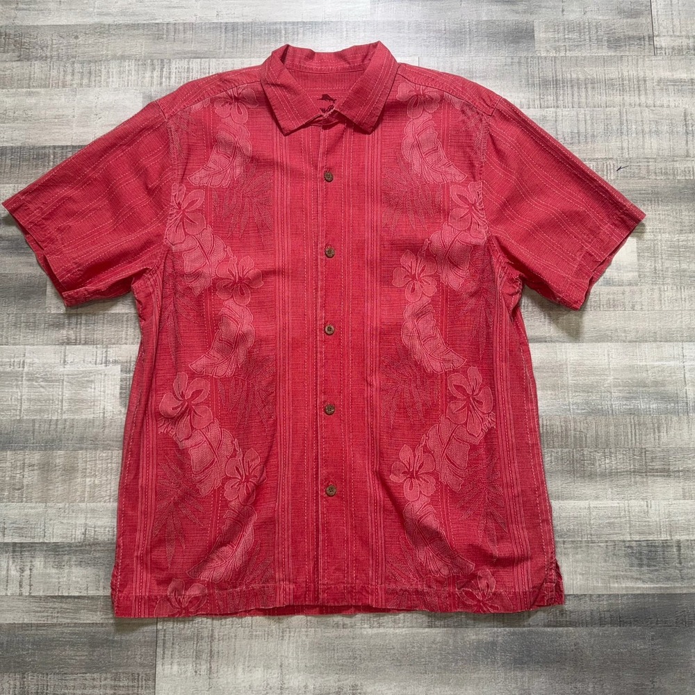Tommy Bahama Men's Red Tonal Palm 100% Silk Short Sleeve Button Down Shirt XL